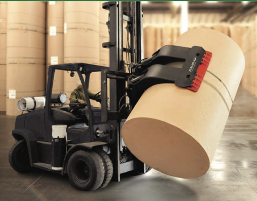 Saur paper roll clamp mounted to a forklift carriage